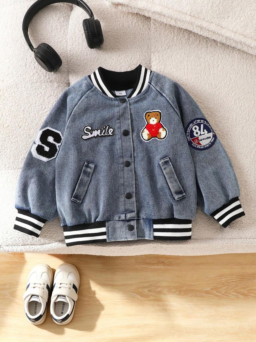MYVLNA Unisex Baby Blue Denim Baseball Jacket, Bear & Letter/Number Patch Decor, Black & White Striped Ribbed Collar, Cuffs & Hem, Single-Breasted Snap Front, Slanted Pockets, Casual Collegiate Style - Blue - View 1