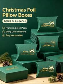 12PCS/Christmas Pillow Gift Boxes, Gold Foil Hot Stamping Xmas Candy Treat Boxes, 4.53*2.76 Inch Green Paper Favor Boxes, 6 Assorted Patterns For Christmas Party Small Gift Cookie Packaging - View 11