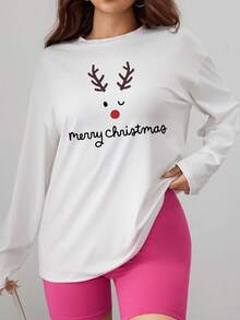 Plus Size Women's Christmas Pajamas, Christmas Reindeer Print Long Sleeve Top, Suitable For Sleeping, Sports, Home Wear - White - View 3