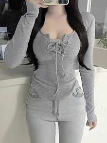 Sexy Style Strappy Long Sleeve Knitted Base Layer Top Women Spring Autumn Slim Fit Flattering Crop Top - Light Grey - View 6