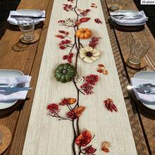 1pc Autumn Harvest Pumpkin & Berry Table Runner, Linen Texture Maple Leaf & Berry Print Tablecloth, Indoor/Outdoor Decorative Table Runner, Suitable For All Seasons, Daily, Wedding, Holiday Home Decor, Dining Room, Living Room, Table & Cabinet Decoration - Red - View 7
