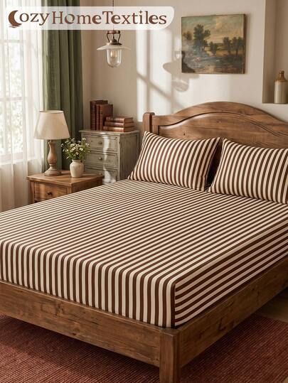 1pc Brown Stripe Fitted Sheet, Mattress Cover, Autumn Bedding, Mattress Protector, Soft Comfortable Cozy Breathable Anti-Wrinkle, Machine Washable, Twin/Full/Queen/King Size, All Seasons, Pillow&Pillowcase Not Included, Dorm Bedding, Bedroom Decor