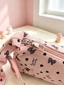 Cute Pink Corduroy One Shoulder Underarm Bag For Girls, Bow & Heart Print Ruched Strap Hobo Bag, Ruched Strap Y2K Style Underarm Bag, Casual Daily Small Bag - Pink - View 3