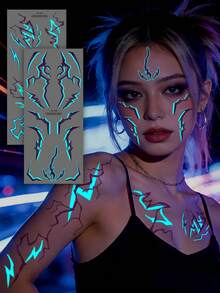 2Sheets Halloween Luminous Temporary Tattoos - Waterproof Blue Lightning & Vein Back Full Arm&Face&Body Art Stickers For Halloween Cosplay & Party Festival Tattoos - Purple - View 4