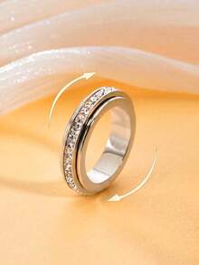 1 buah Cincin Putar Ganda Stainless Steel dengan Zirkonia Persegi, Cincin Keberuntungan Spinner - Perak - View 10