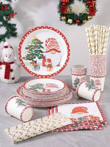 20/24pcs 7-Inch And 9-Inch Printed Paper Disposable Tableware Set, White Red Christmas Tree Gift Snowflake Polka Dot Design, Round Plates, Cups, Napkins, Straws, Suitable For Christmas Party, Holiday Dinner, Winter Party Supplies - Goblin Santa Claus - View 1