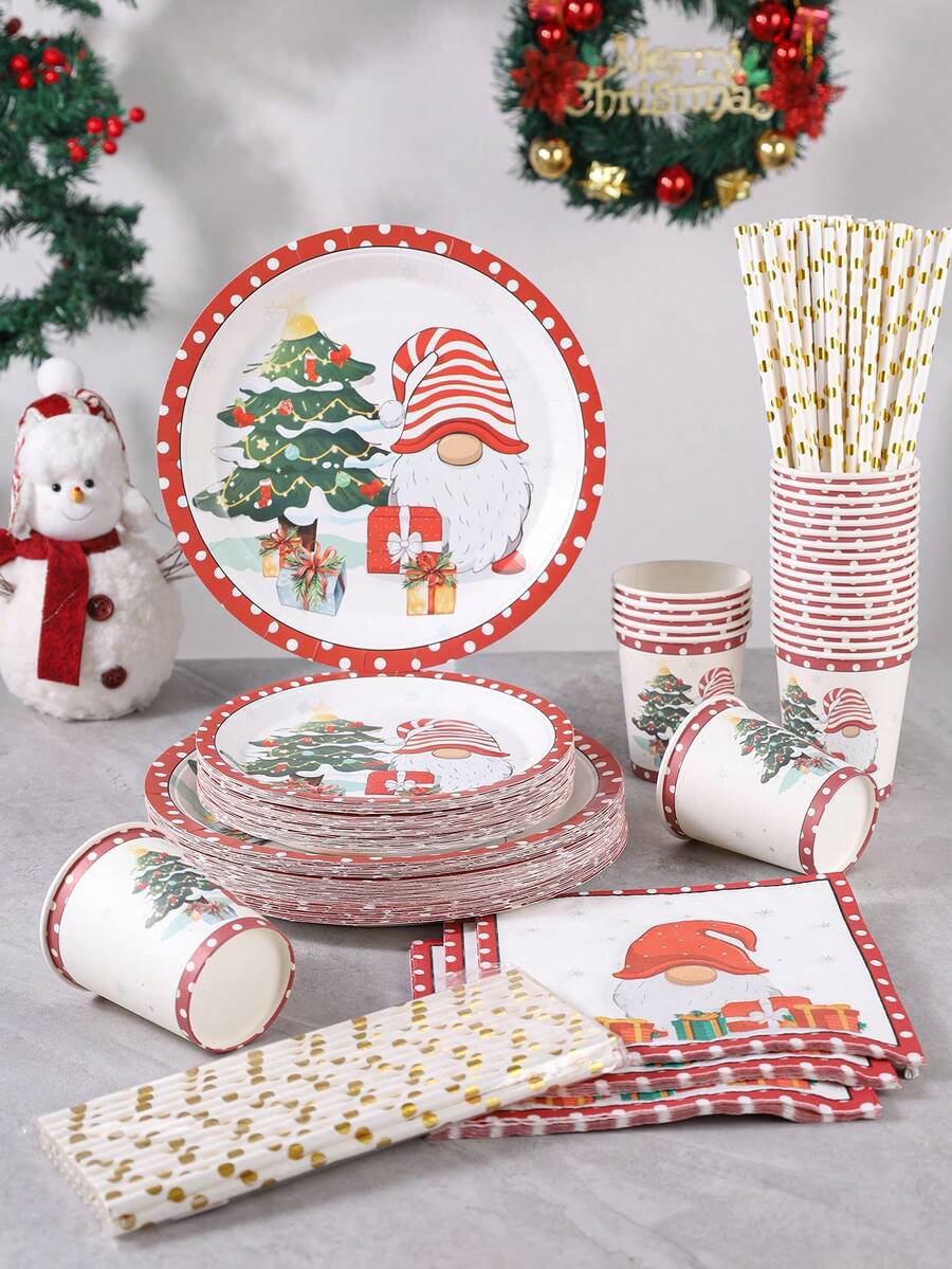 20/24pcs 7-Inch And 9-Inch Printed Paper Disposable Tableware Set, White Red Christmas Tree Gift Snowflake Polka Dot Design, Round Plates, Cups, Napkins, Straws, Suitable For Christmas Party, Holiday Dinner, Winter Party Supplies - Goblin Santa Claus - View 1