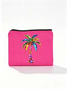 Colorful Rhinestone Palm Tree Print Cosmetic Bag, Zipper Portable Makeup Pouch, Multifunctional Travel Toiletry Organizer Coin Purse, Beach Vacation Accessory Gift For Women - Multicolor - View 11