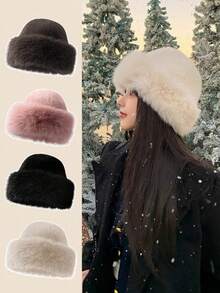 Elegant Women's Faux Fur Winter Hat - Comfortable Warm Thickened Mongolian Hat With Ear Flaps, Fashionable Minimalist Design, Beige/Brown/White/Black Optional, Elastic Fit, Polyester Material, Ideal For Winter Daily Wear, Christmas Decoration, New Year Gift, Christmas Gift, New Year Gift. Recommended Hand Wash Or Dry Clean. Winter Gear - Multicolor - View 2