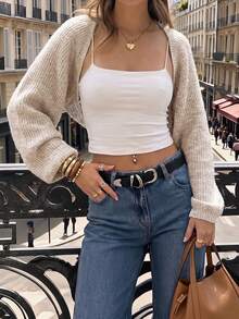 Women's Casual Cute Y2K Style Ribbed Cropped Minimalist Knit Cardigan Sweater, Spring/Autumn Outfits For Back To School, Long Sleeve Fall - Apricot - View 9
