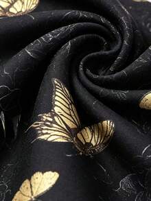 Spring/Autumn Women's Chinese Style Top, Black Cheongsam Round Neck Short Blouse, Frog Button Dark Pattern Butterfly Print Asymmetric Collar Long Flared Sleeve Elegant Tang Suit Shirt Hanfu Jacket - Black - View 2