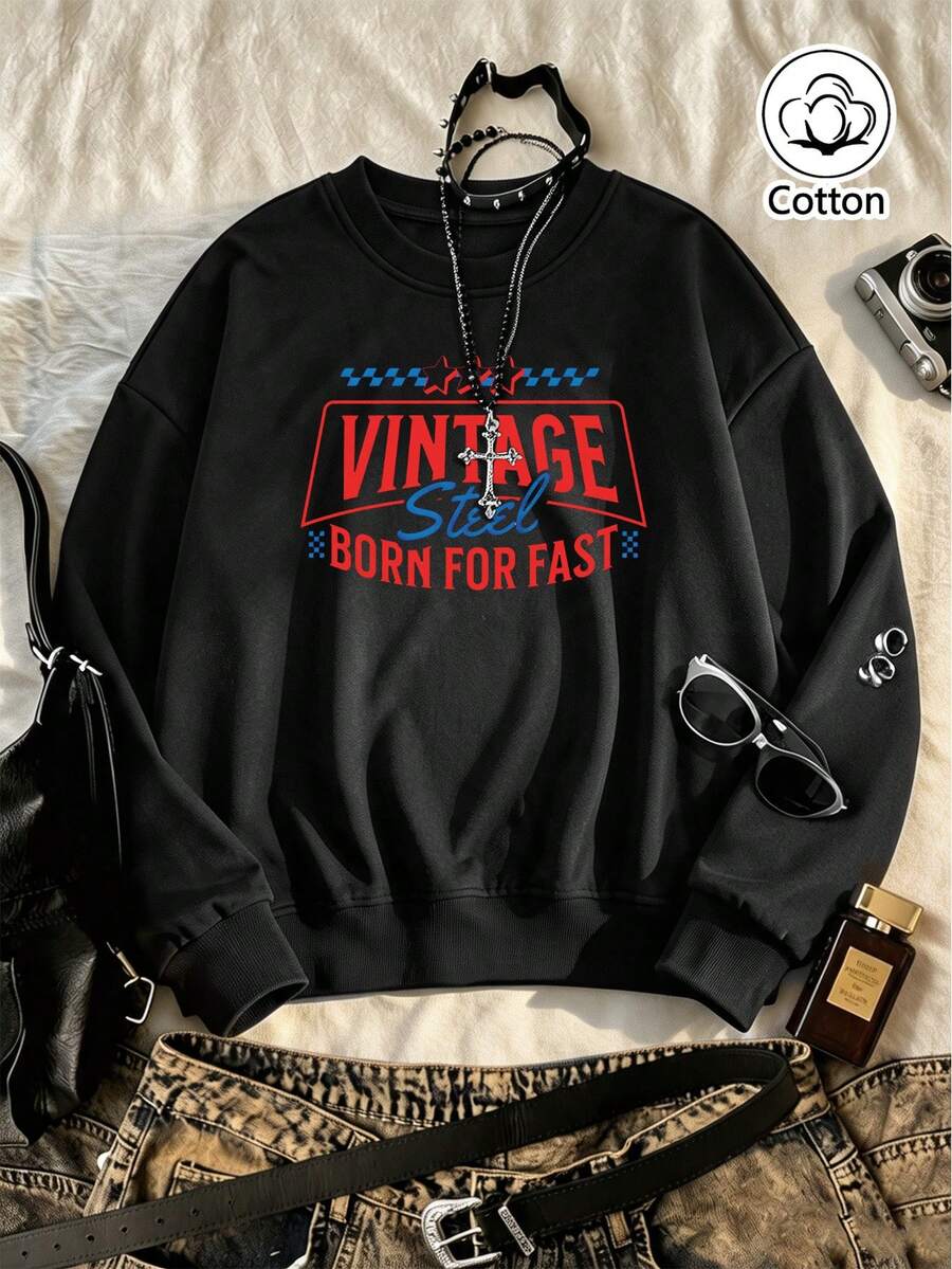 Retro Street Style Loose Fit Crew Neck Sweatshirt For Young Adults With Vintage Letter Print, Red & Blue Contrast Text, Checkerboard Pattern, - Black - View 1