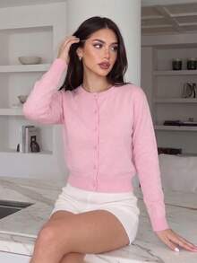 Women's Cardigan Sweater, Round Neck, Single-Breasted Button-Down, Long Sleeve, Sweet Girl Style, Basic Solid Color, Can Be Worn Alone Or Layered, Autumn/Winter - Pink - View 4