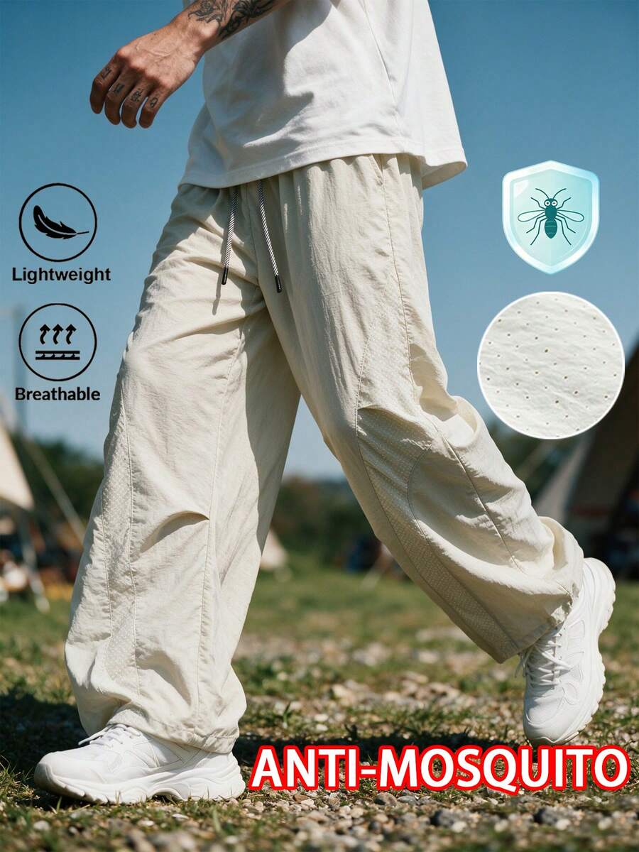 Men's Summer Lightweight Breathable Quick-Dry Wide Leg Pants, Patchwork Design Drawstring Elastic Waist Street Casual Straight Leg Long Pants - Black - View 1