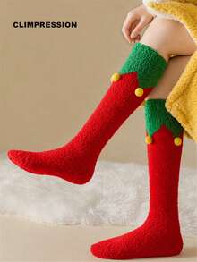 CLIMPRESSION Christmas Elf Knee-High Socks, Plush Coral Fleece Warm Slippers Socks With Pom Poms, Holiday Cosplay Indoor Floor Socks - Red - View 7