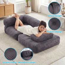 L-Shaped Corduroy Folding Sofa Bed, Multi-Functional Convertible Lazy Sofa For Small Spaces - Dark Grey - View 3