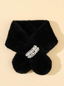 1pc Autumn/Winter Plush Pearl Scarf, Korean Style Thick Solid Color Faux Rabbit Fur Cross Collar Neck Warmer - Multicolor - View 6