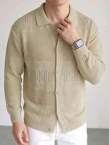 Autumn/Winter New Solid Color Casual Daily Commute Vintage Versatile Hollow Out Knit Cardigan Sweater, Simple Stylish For Layering - Apricot - View 3