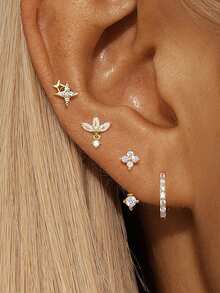 Juego de 4 piezas de pendientes dorados, con circonita cúbica cuadrada, estrella, flor, hoja, trébol y aros, cuidadosamente diseñados como joyería apilable de múltiples perforaciones para mujeres, para uso diario, fiestas y celebraciones - Dorado - Ver 1
