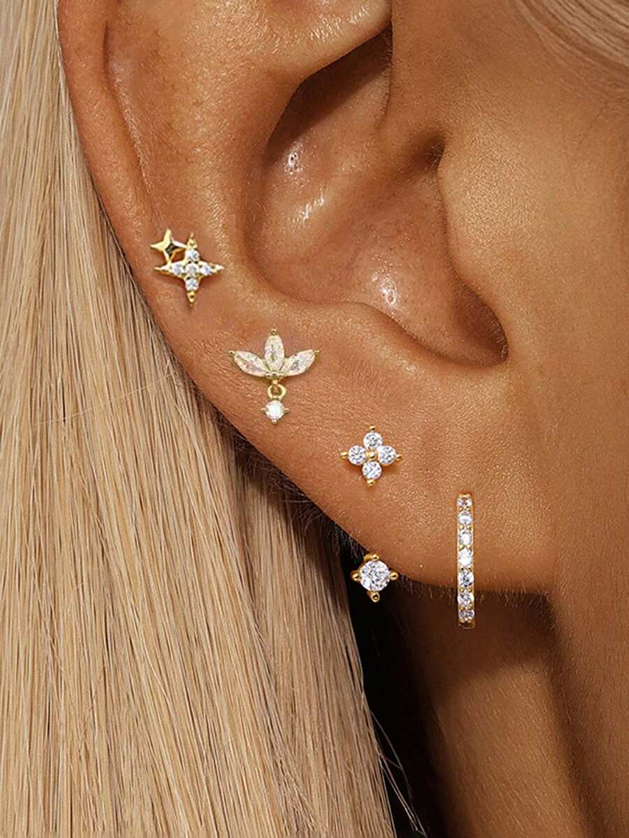 Juego de 4 piezas de pendientes dorados, con circonita cúbica cuadrada, estrella, flor, hoja, trébol y aros, cuidadosamente diseñados como joyería apilable de múltiples perforaciones para mujeres, para uso diario, fiestas y celebraciones - Dorado - Ver 1
