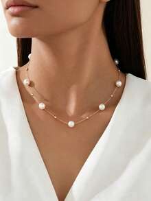 1pc Minimalist Ins Style Women's Stainless Steel Clavicle Chain With Spaced Faux Pearl And Small Gold Beads, Fine Chain Necklace For Date, Commute, Birthday Gift Accessory - Yellow Gold - View 1