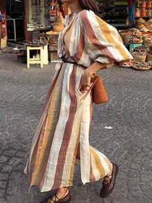 New Women's Random Striped Flowy Long Woven (No Belt) Dress, Casual ...