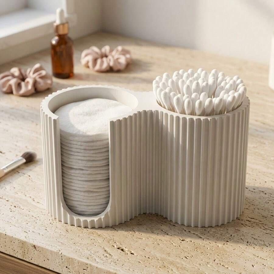 Minimalist Striped Cosmetic Storage Box, Creative Cotton Swab Organizer, Two-In-One Bathroom Swab Container, Countertop Organizing Supplies, Bedroom Vanity High-V Decoration, Mother's Day Gift, Modern Cream Style New Home Gift - A - View 1