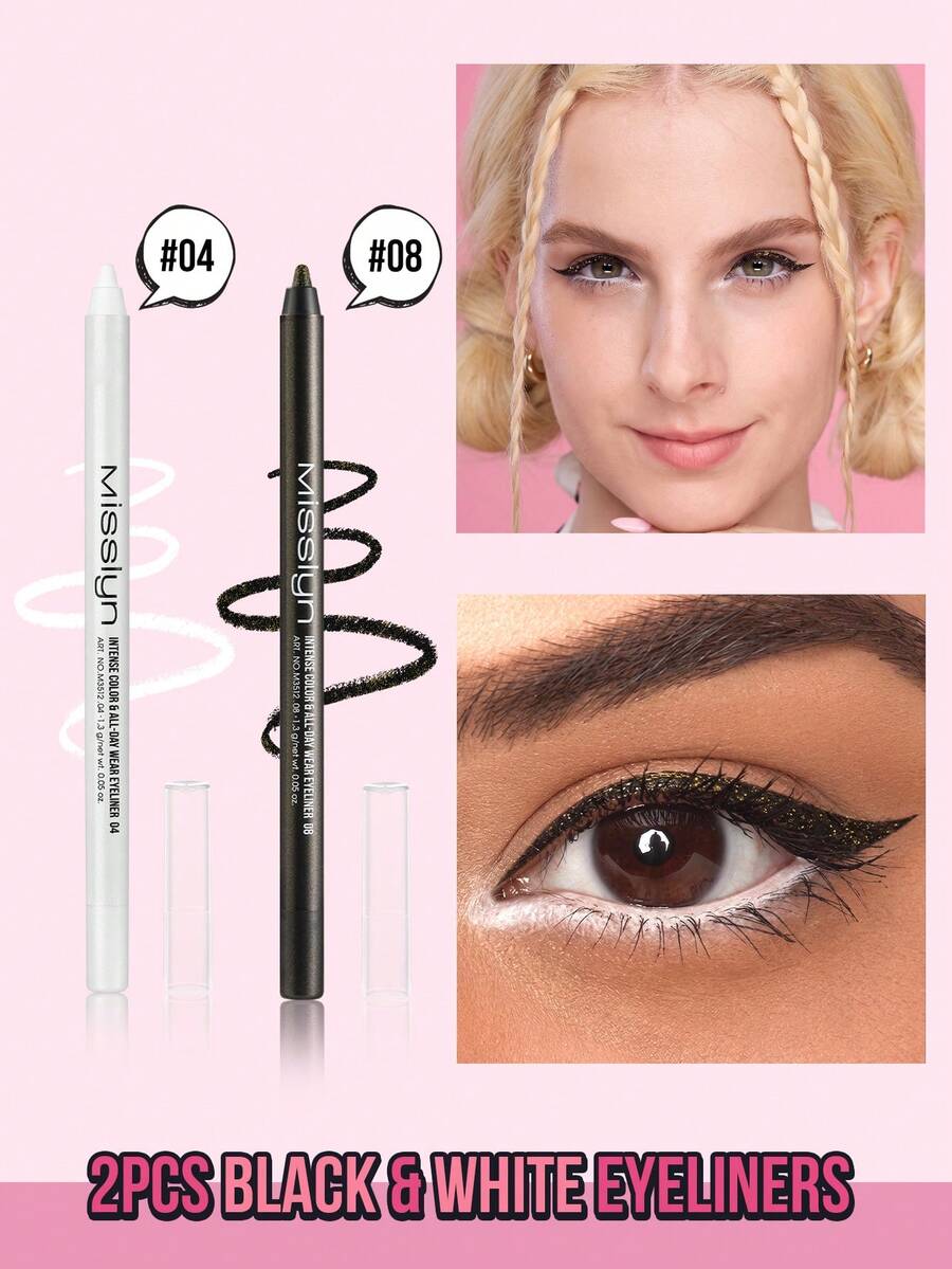 MISSLYN 2pcs Eyeliner Pencil Set, Vegan Waterproof Smudge-Proof, Long-Lasting High Pigment Smooth Application, Rich Color, Easy Glide Eyeliner, Suitable For Teenagers, Beginners, Makeup Enthusiasts, Perfect For School, Commute, Date, Party Night, Halloween, Perfect Gift For Her - #Set1 - View 1