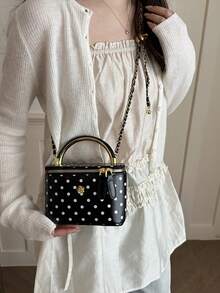 Women's Polka Dot PU Square Box Handbag, Metal Top Handle Chain Crossbody Bag, Vintage Makeup Bag Style Shoulder Bag - Black - View 3