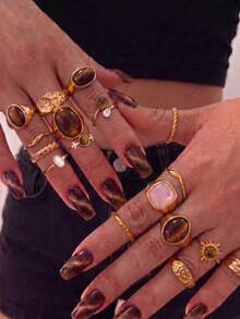 17pcs Vintage Maillard Style Alloy Tiger Eye Stone Faux Pearl Hammered Twisted Open Ring Set, Suitable For Women's Daily Commute, Date, Party, Autumn/Winter Wear - Gold - View 4