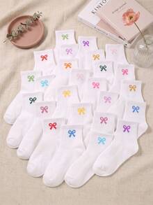 20/10/5 Pairs Random Kids White Series Elastic Crew Socks, Soft & Comfortable, Breathable, White Socks Bows For Girls, Fall Socks Baby Halloween Socks - Multicolor - View 1
