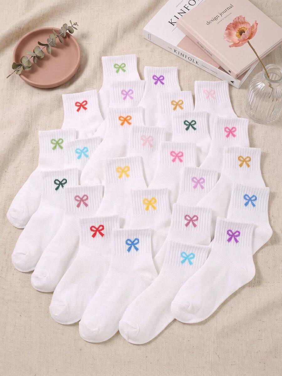 20/10/5 Pairs Random Kids White Series Elastic Crew Socks, Soft & Comfortable, Breathable, White Socks Bows For Girls, Fall Socks Baby Halloween Socks - Multicolor - View 1