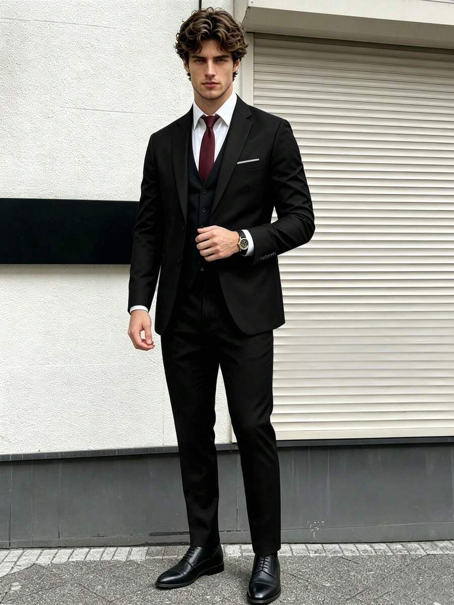 两件套奢华经典男士纯色西装套装 - 翻领外套,常规版型,长袖设计,适合婚礼、商务会议等场合 - 穿着舒适,时尚有型 - 黑色 - 查看 1