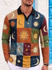 Men's Autumn/Winter Casual Daily Commute Sun Moon Star Print Colorblock Patchwork Ribbed Collar Long Sleeve Polo Shirt - Multicolor - View 3