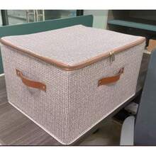 Fabric Storage Box With Lid, Foldable Clothes Organizer Bin With Leather Handles And Zipper, Large Capacity Wardrobe Storage Box For Bedding And Clothing - Brown - View 5