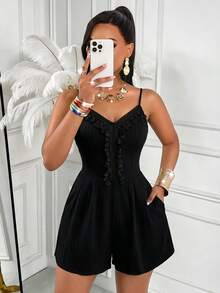 AIJ Women's Spaghetti Strap Tassel Lace Romper With Back Ruched Detail And Pockets, Black, Suitable For Beach, Casual Wear And Night Out In Summer And Autumn - Pure Black - View 8