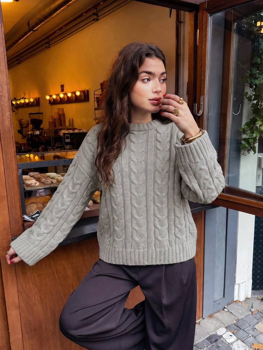 Women's Gray Cable Knit Sweater, Long Sleeve Pullover College Style Everyday Casual Outfits For Fall Winter - Grey - View 1