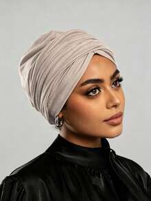 1pc Women's Classic Solid Color Chemo Turban, High Elasticity Pleated Design, Anti-Slip Breathable Headwrap, Multilayer Pleated Style For Hijab Pairing, Soft Comfortable Modal Knit Fabric, Suitable For Daily Wear, Holiday - Army Green - View 33