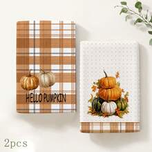 2pcs Pumpkin & Maple Leaf Print Kitchen Towels, Autumn Pastoral Style Hand Towels, Suitable For Thanksgiving, Autumn Kitchen Decor, Harvest Celebration, Farm Theme Decoration, Baking & Cooking And Daily Home Use - Multicolor - View 11