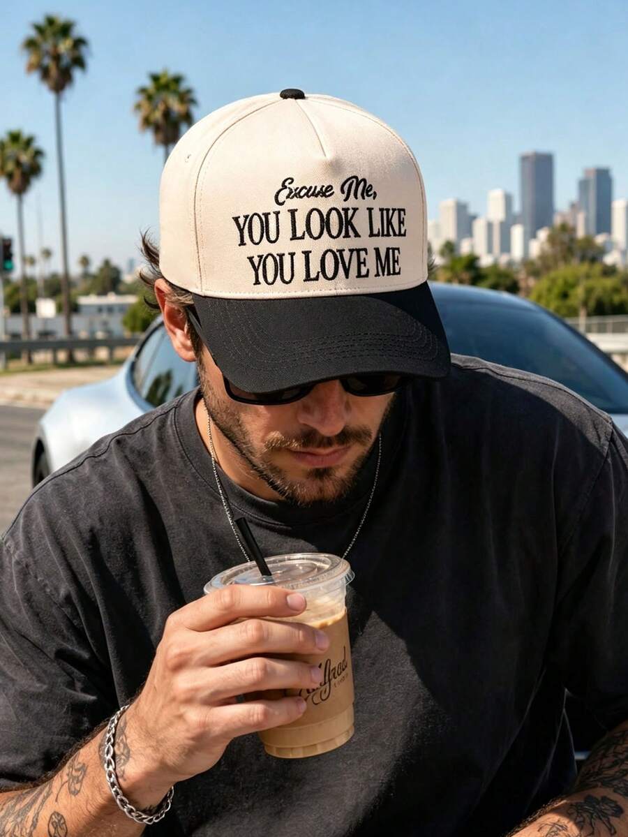 1pc Men Embroidered "Excuse Me,You Look Like You Love Me" Trucker Hat, Contrast Color Baseball Cap,Vintage Adjustable Casual Streetwear Cap For Daily - Multicolor - View 1