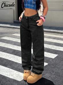Women's Casual Light-Washed Wide-Leg Jeans, Suitable For Daily Wear - Black - View 2