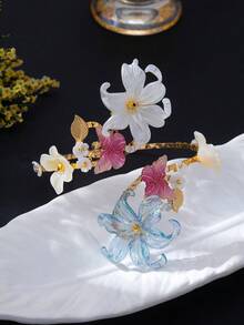 1pc Red Colorful Heavy Handcrafted 3D Floral Arm Cuff With Contrast Beaded Design, Open Adjustable Bangle - Blue and White - View 1
