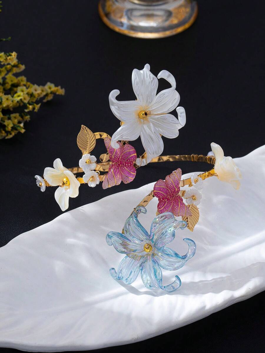 1pc Red Colorful Heavy Handcrafted 3D Floral Arm Cuff With Contrast Beaded Design, Open Adjustable Bangle - Blue and White - View 1