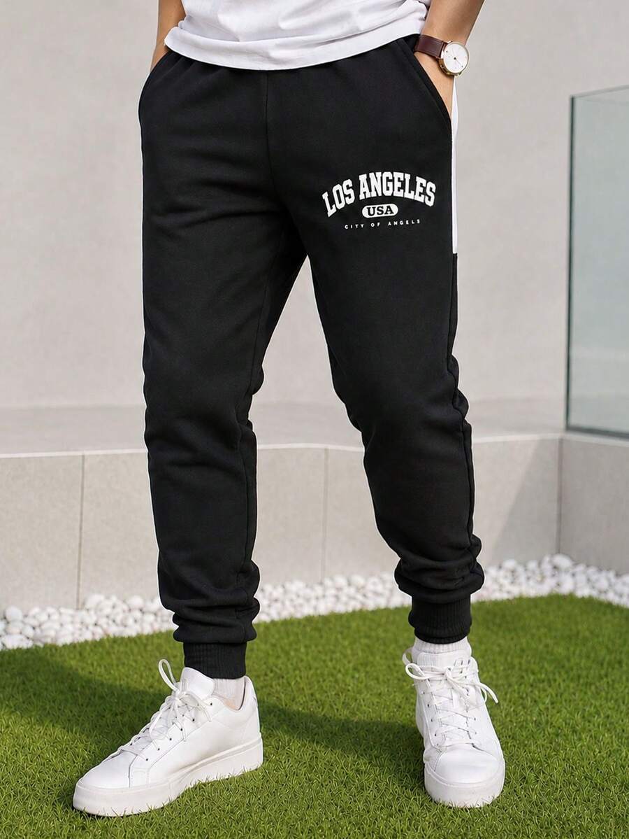 1pc Tween Boys Loose Casual Versatile Solid Color Letter Print Decorative Fleece Jogger Pants, Spring/Autumn - Black - View 1