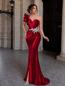 VIPGIRL Burgundy Satin One-Shoulder Evening Gown, Featuring 3D Ruffle Shoulder Accent, Silver Waist Embellishment, Occasion Dress Party Fall Wedding Red - Red - View 5