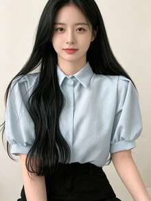 Summer Casual Solid Color Loose Puff Sleeve Shirt - Blue - View 4