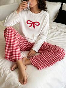 Christmas Autumn/Winter Two Pieces Butterfly Printed Long Sleeve Top+Red/White Checkered Pants Girl's Sleepwear Set,Soft Fabric,Teenagers' Home Wear - White - View 1