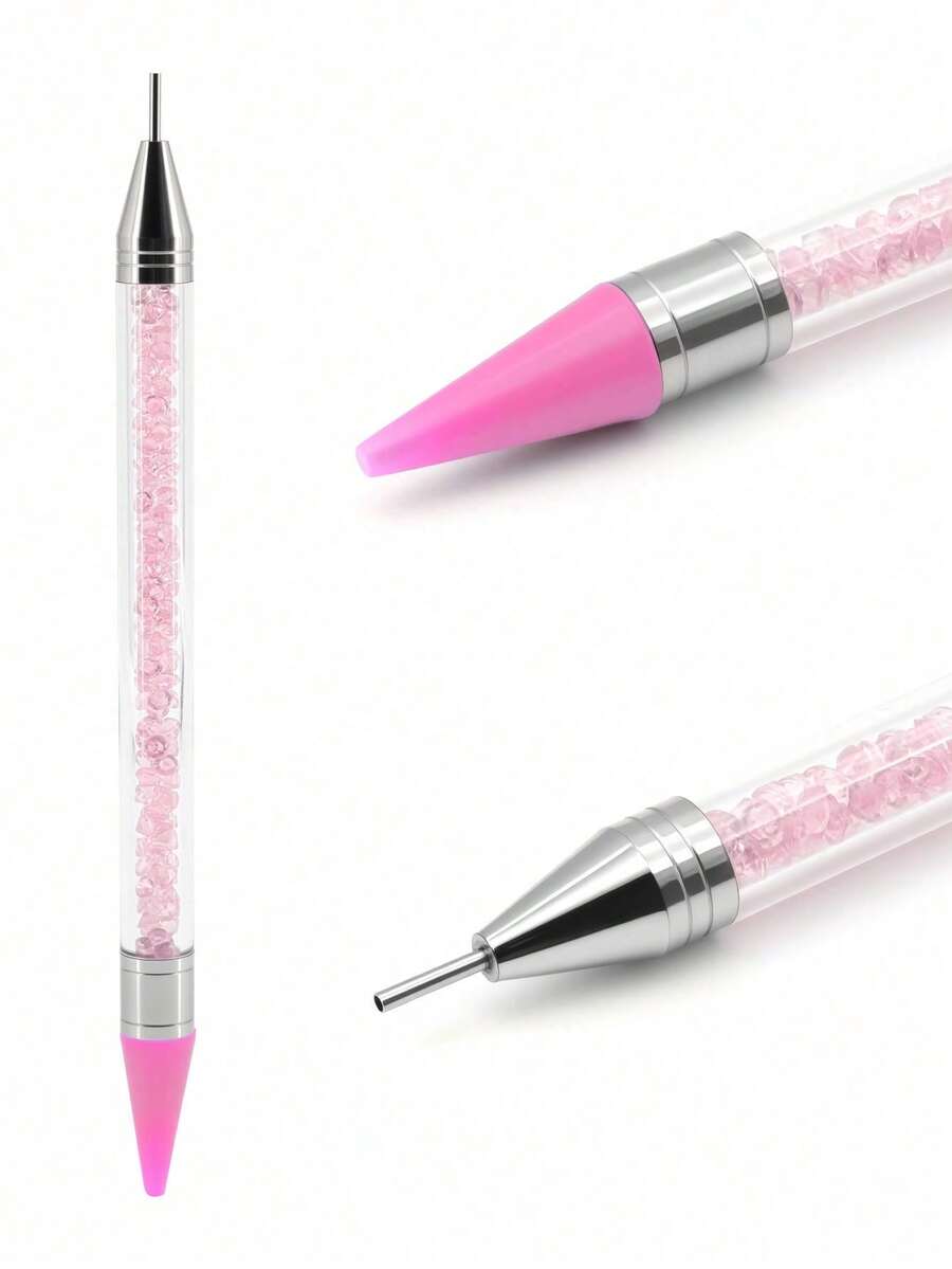 1pc Pink Dual-Head Rhinestone Dotting Tool With Detachable Silicone Soft Tip, 2-In-1 Nail Art Dotting And Rhinestone Placement Pen - Pink - View 1