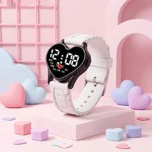 1pc/Set Heart-Shaped LED Electronic Children's Watch, Girly Style Silicone Strap Student Luminous Calendar Sports Electronic Wristwatch Gift, Holiday Gift, Birthday Gift, Christmas Gift And Other Accessories - White - View 4