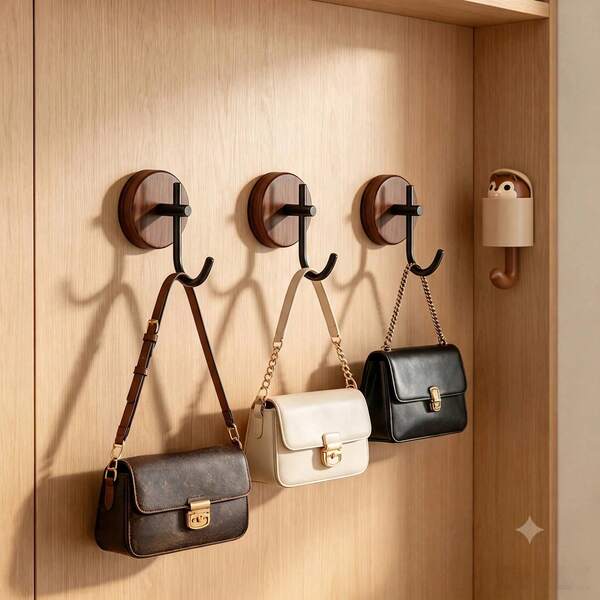 1/2/4pcs Minimalist Vintage Wood & Black Wall Hooks, Self-Adhesive No-Drill Hooks, Modern Farmhouse Style Wall Hooks, Suitable For Bathroom Shower, Bedroom Closet, Entryway, Apartment Rental Friendly Heavy Duty Wall Mount Rack